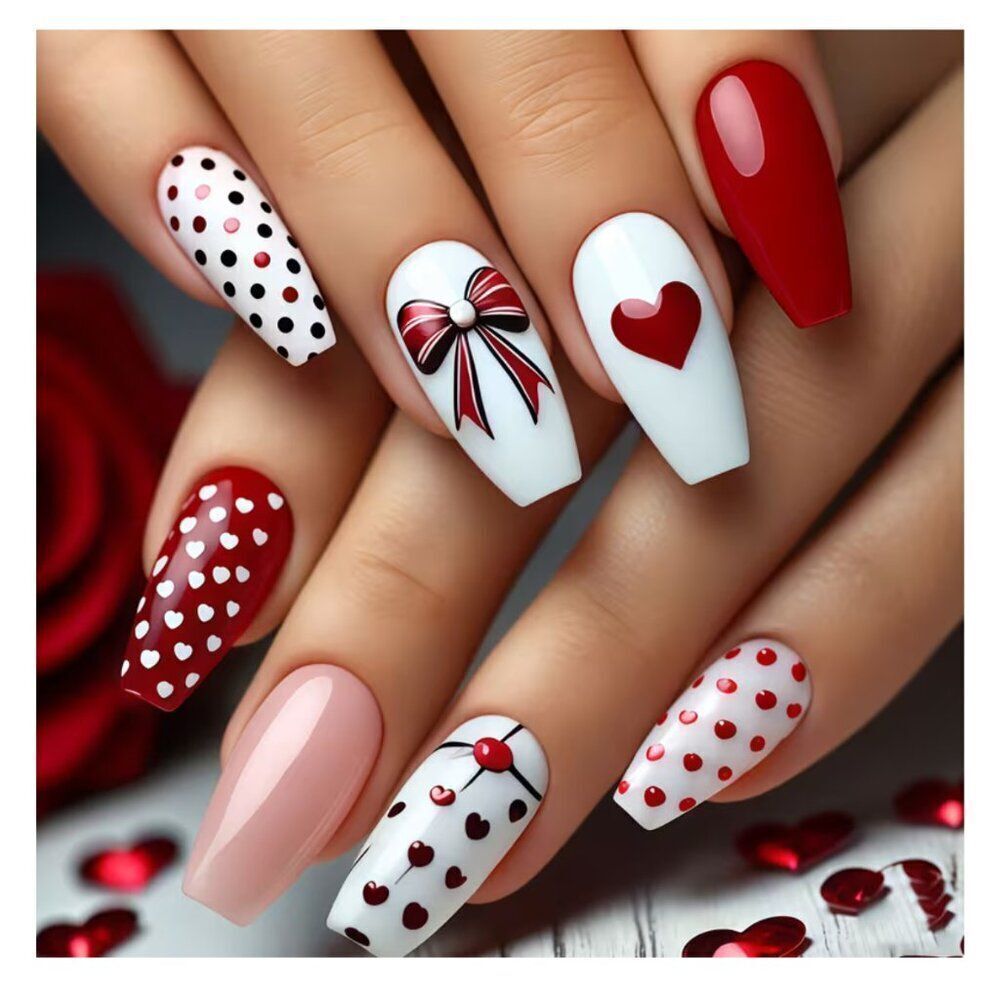 NWT 24pc Valentine Heart Bow Red White Press-On Nails Coffin Almond Set
